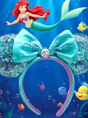Disney Parks Little Mermaid Jewel Sequin Ears Minnie Mouse Blue Diamond Bow